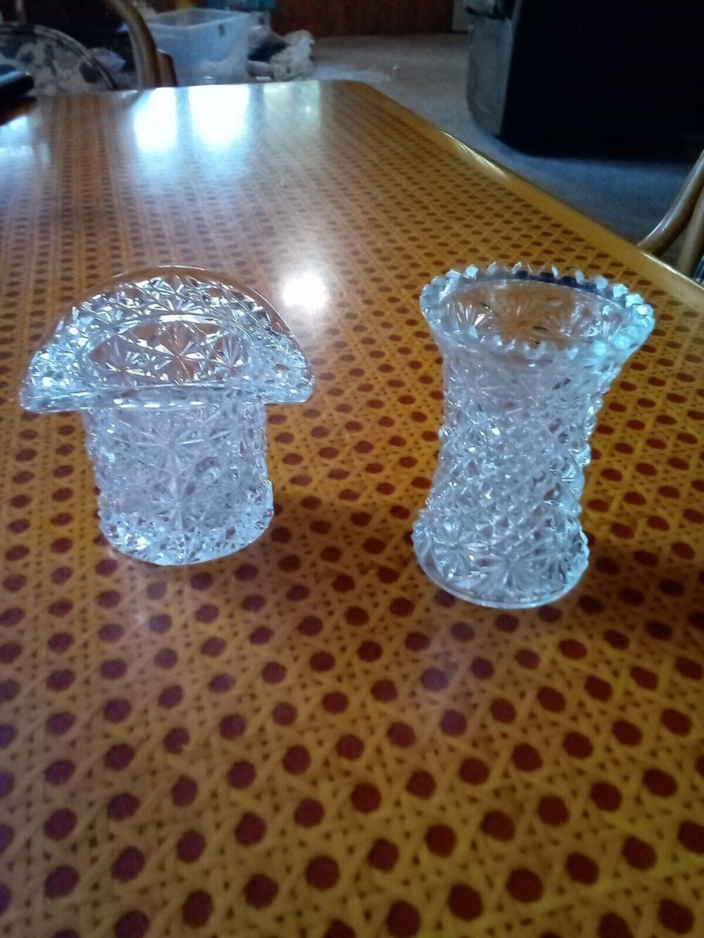 Vintage CRYSTAL Bud Vases Toothpick Holders (2) Diamond Point Cut,1 Tophat Shape